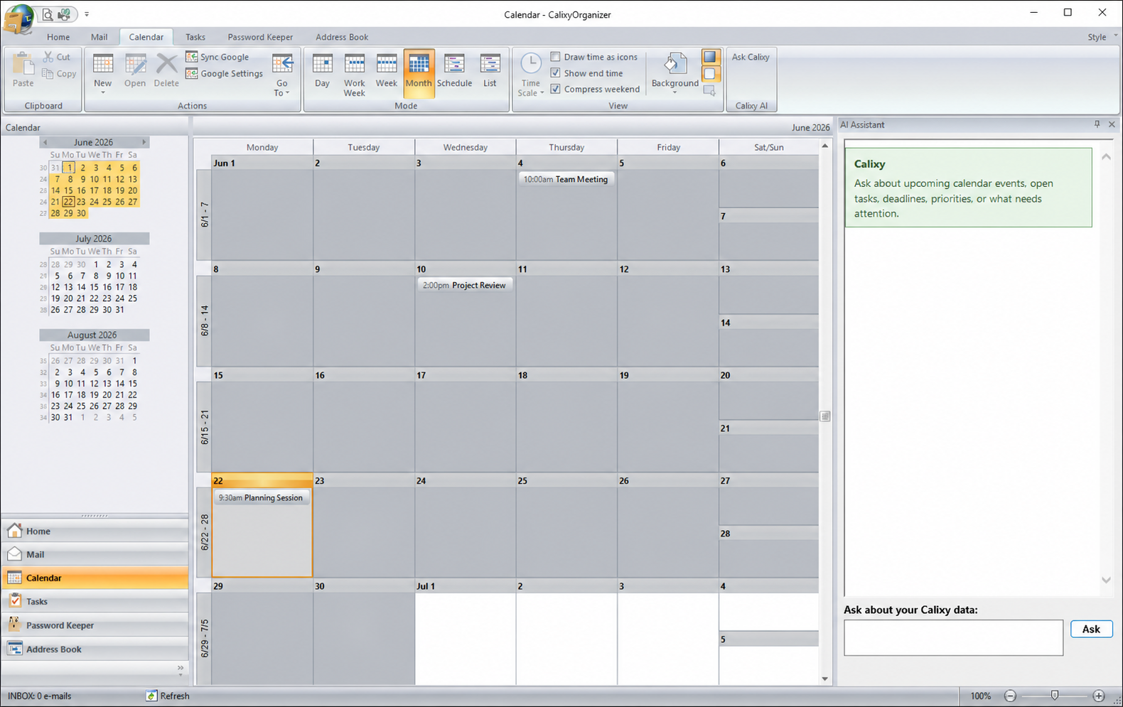 Calixy Organizer calendar screen
