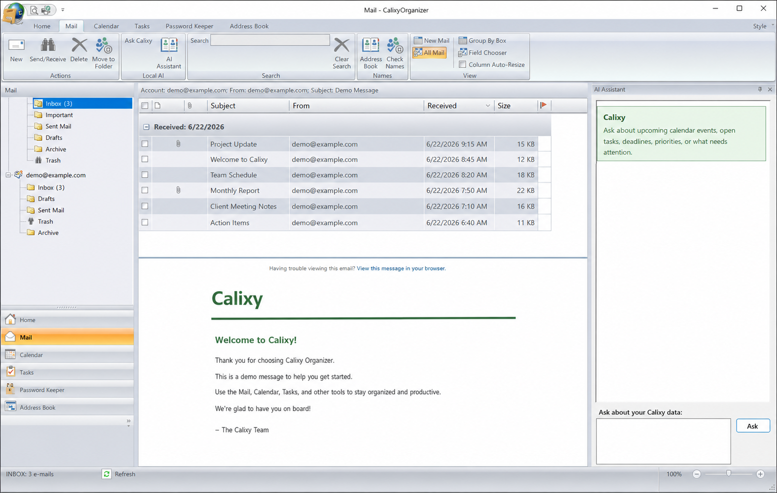 Calixy Organizer Mail screen with privacy-safe demonstration messages